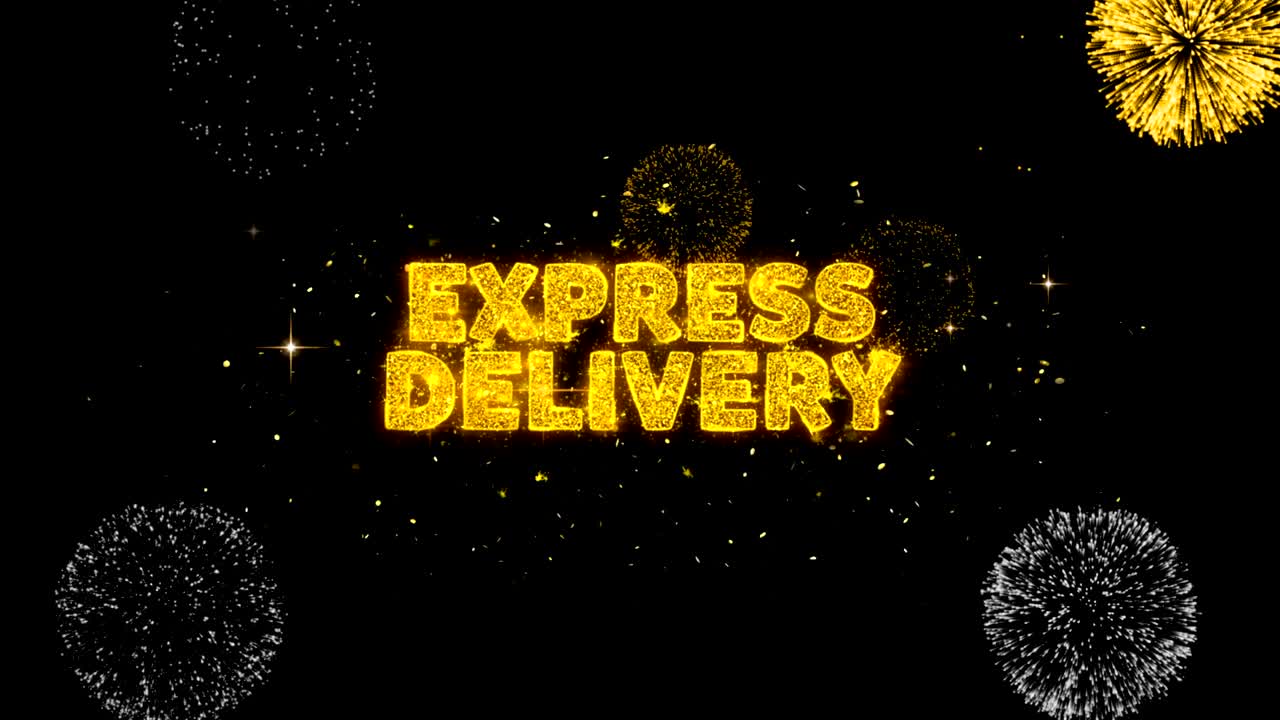 스프레스 배달 텍스트는 반이는 황금 입자 불꽃놀이를 보여줍니다.