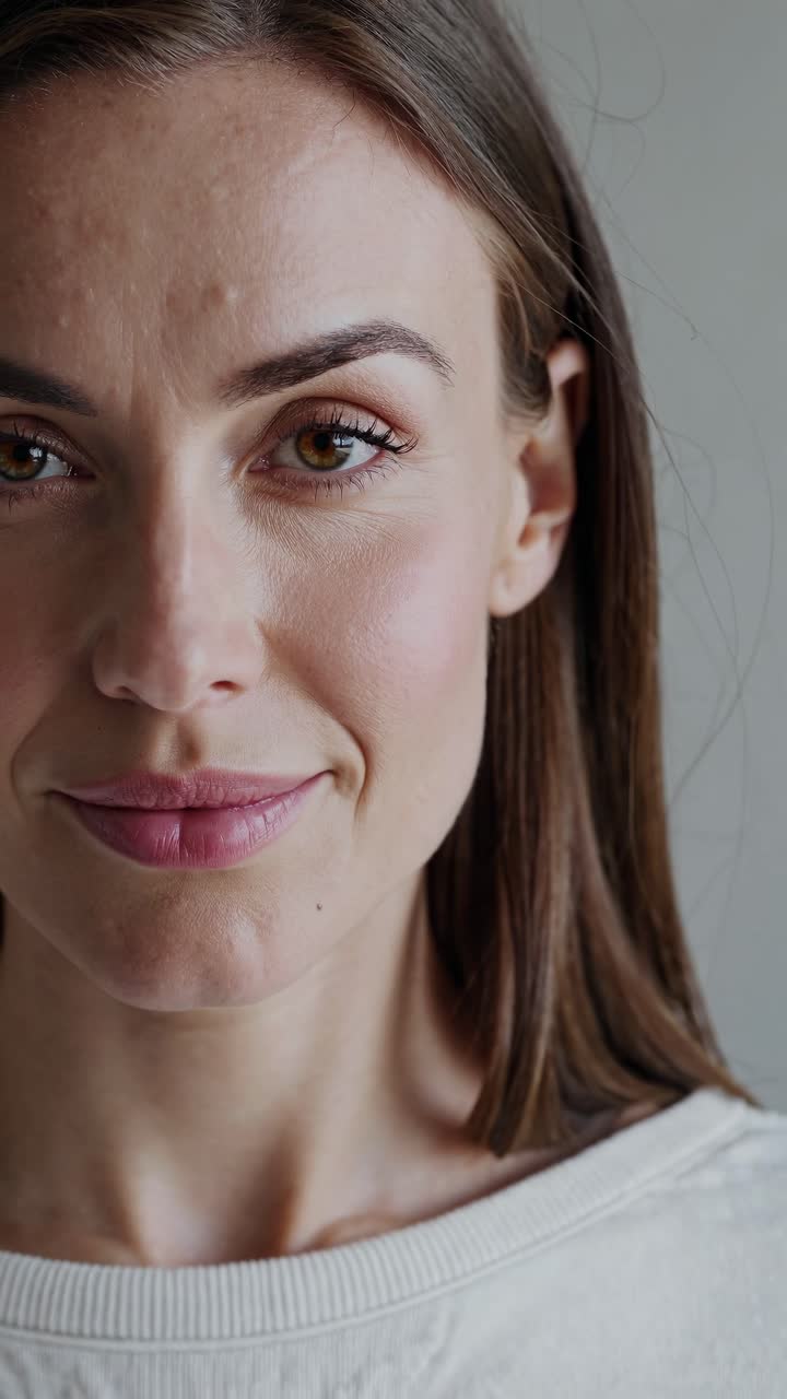 Close-up portrait video of a woman with a neutral expression, shot from a straight-on angle