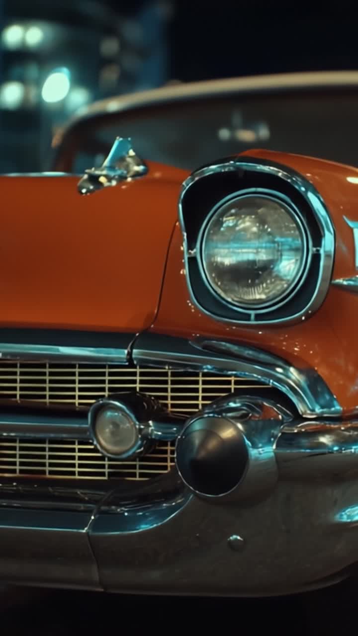 Close-up of a Classic Car's Chrome Grille and Headlight, Highlighting the Timeless Design of Vintage Automobiles Under City Lights