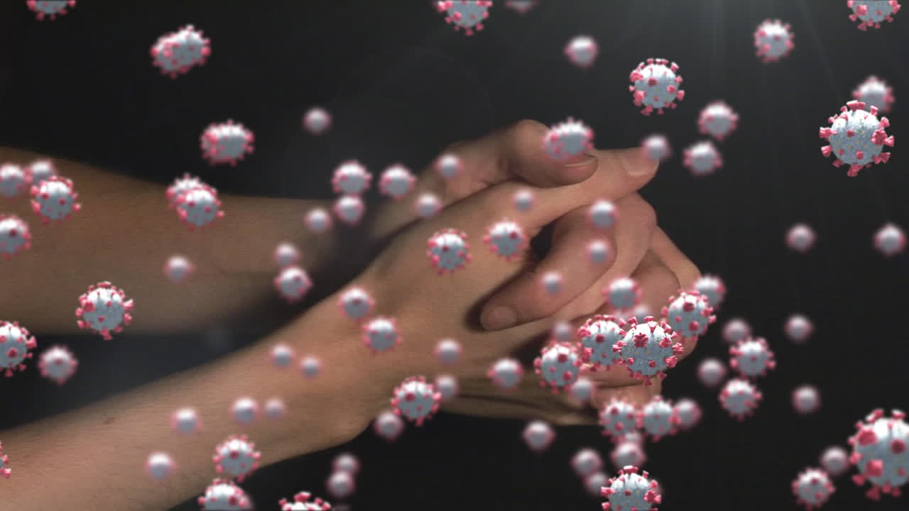 코로나19 세포가 손을 맞대고 기도하고 있습니다.