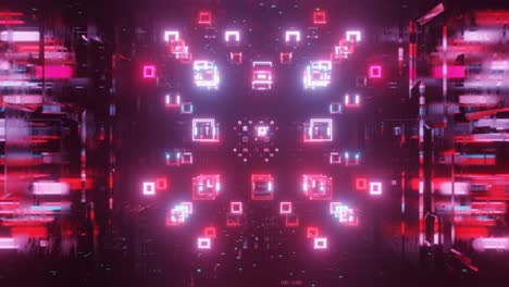el objeto o estructura 3d gira y se mueve dentro del túnel de espejo de vidrio con luz de neón, reflejos brillantes. marcos. fantástico resumen bg en 4k. vj bucle para mostrar. sci fi bg volar a través del túnel hi tech