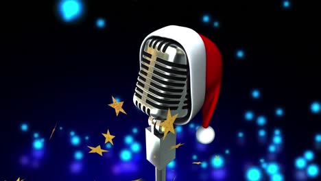 Animation-of-stars-falling-at-christmas-over-microphone-with-santa-hat