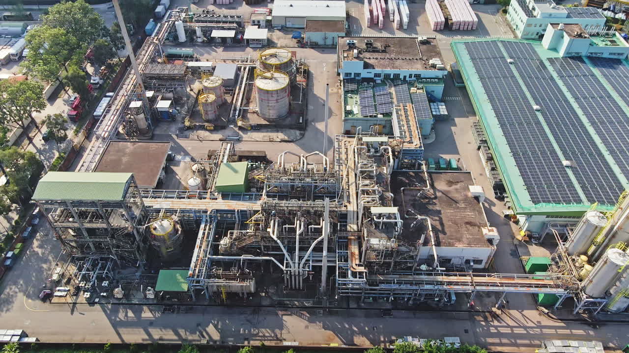 Aerial view over Hong Kong petroleum factory, Yuen Long Industrial Estate