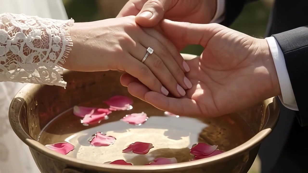 Bride and Groom Participating in Traditional Wedding Hand Washing Ceremony