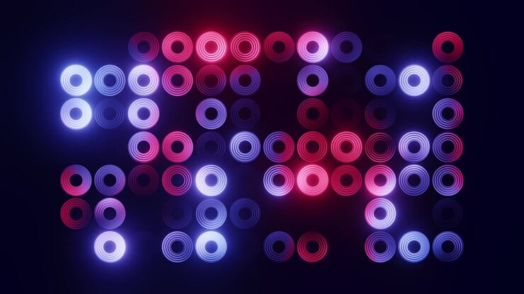 Fundo abstrato de círculos neon pulsantes em vermelho e azul