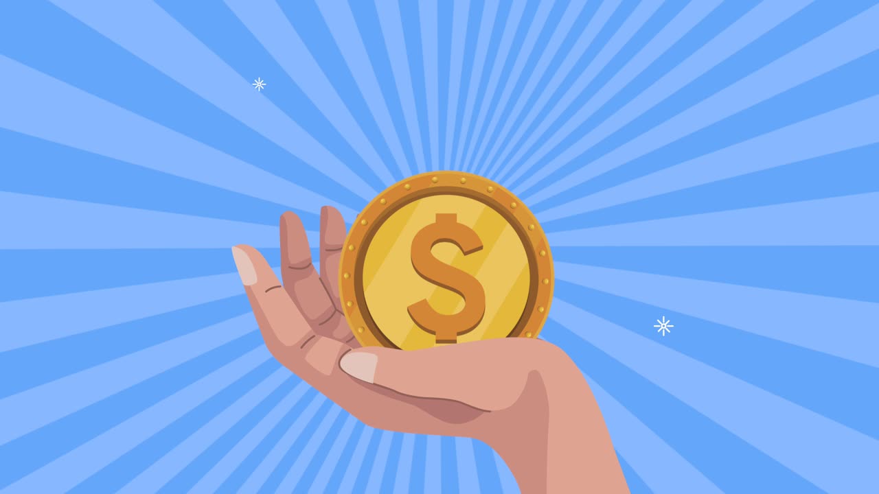 손으로 동전을 들어 올리는 달러 애니메이션