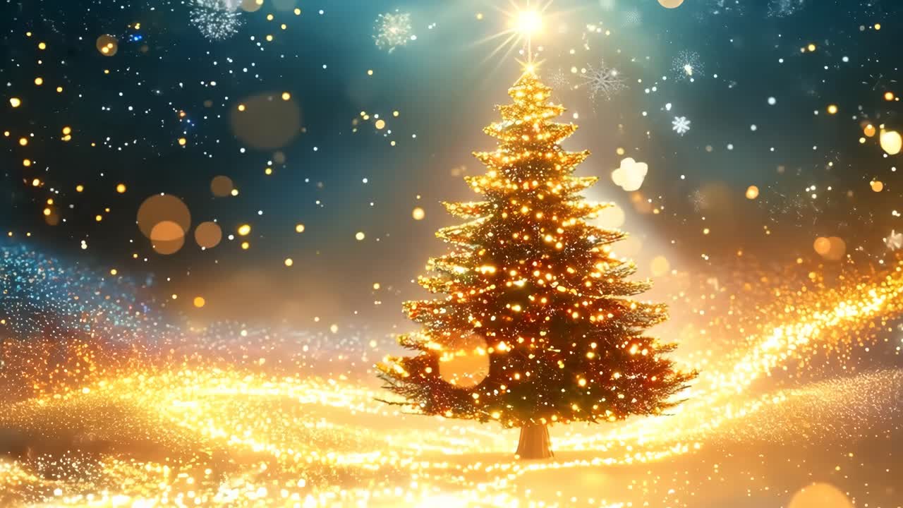 A Christmas tree is lit up in a snowy landscape. The scene is warm and inviting, with the tree standing out against the white snow