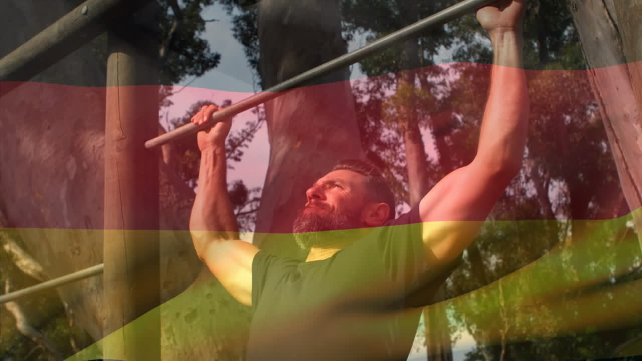 animación de la bandera de alemania sobre un hombre musculoso y fuerte haciendo abdominales