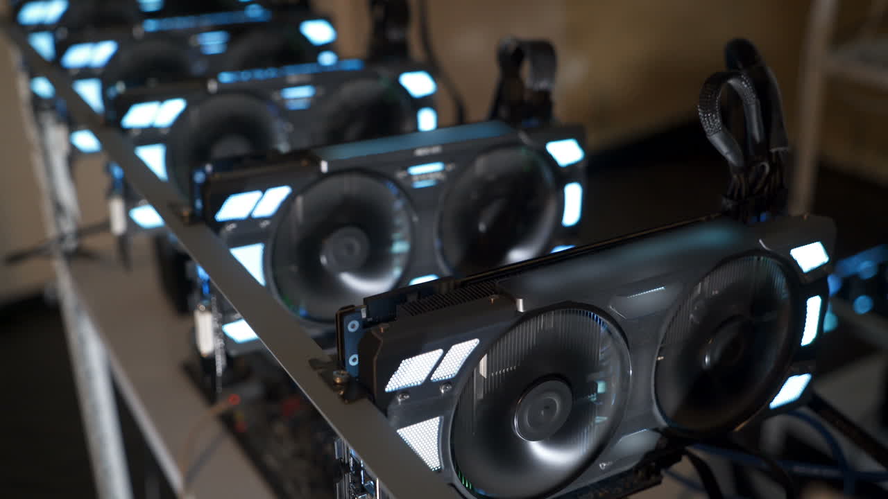 Graphics cards standing in a row in home mining farm. Close-up shot. Cryptocurrencies business.