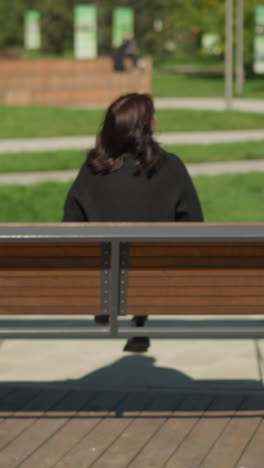 vista trasera de una mujer en una silla oscilante de madera oscilando con el cabello revoloteando en el viento, rodeada de vegetación en un entorno de parque tranquilo, árboles en el fondo, figura borrosa moviéndose