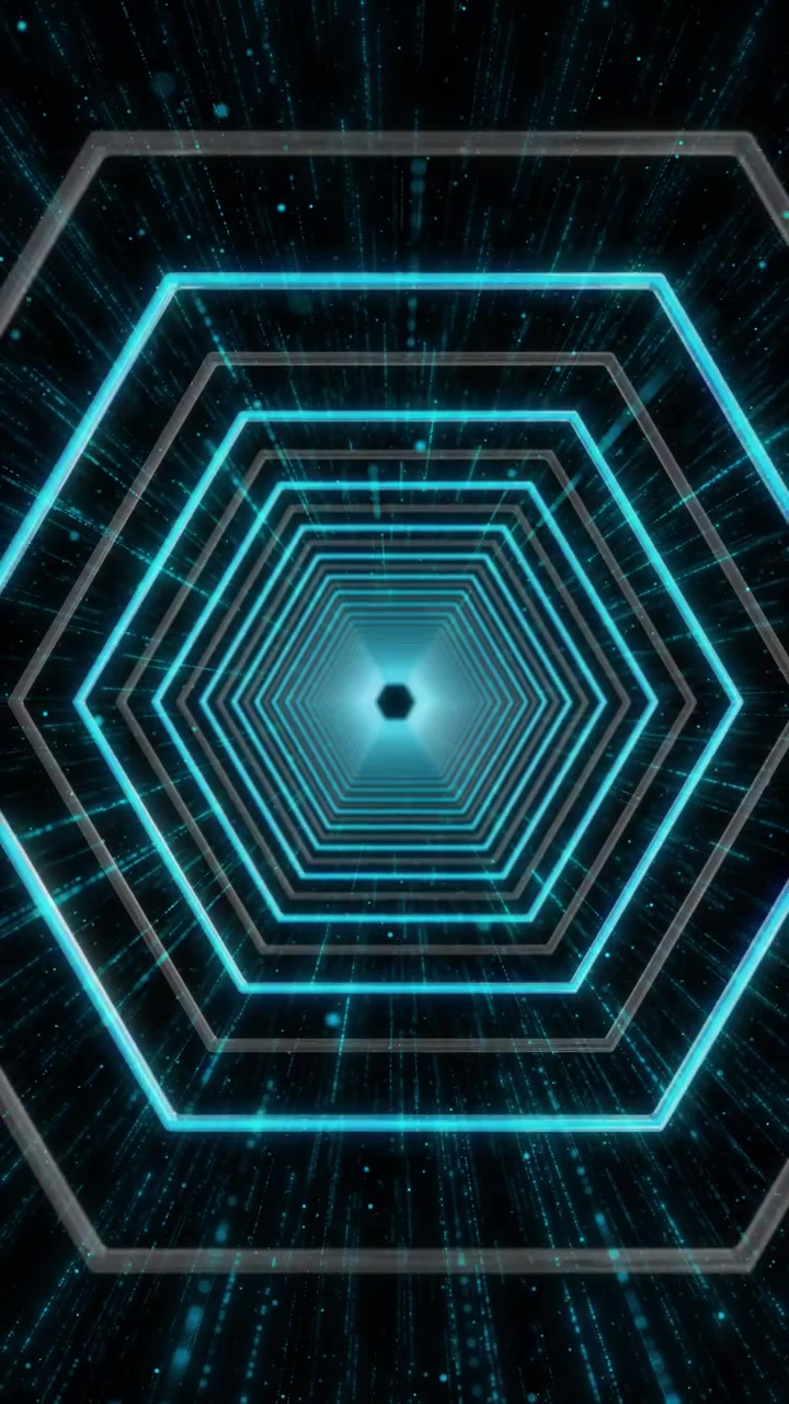 Futuristic geometric portal visual with layered cyan hexagons bright center glow and digital tunnel