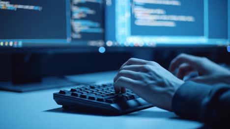 engaged in programming: a close-up on hands typing code at a computer desk surrounded by dual monitors displaying complex code and development work