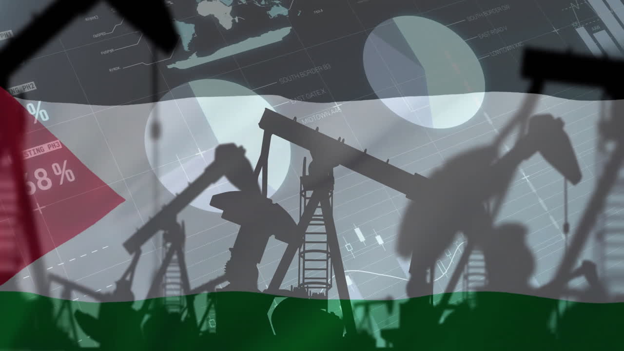 animación de plataformas petroleras y procesamiento de datos financieros sobre la bandera de palestina