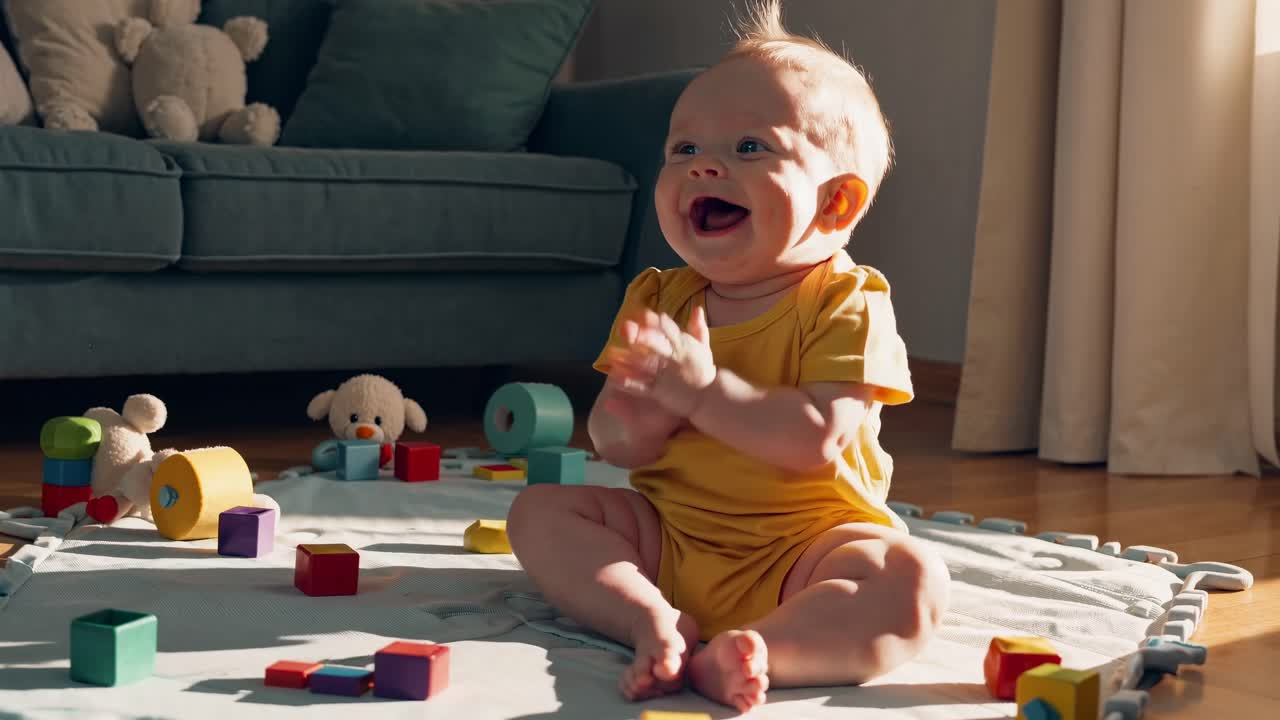 A joyful baby in a yellow outfit claps on a playmat surrounded by toys