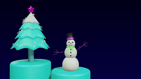 Animation of spinning christmas tree and snowman on black background