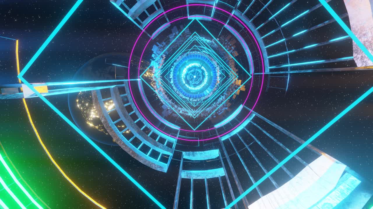 미래 기술 우주 터널, sf 복도, 영화 카메라 움직임