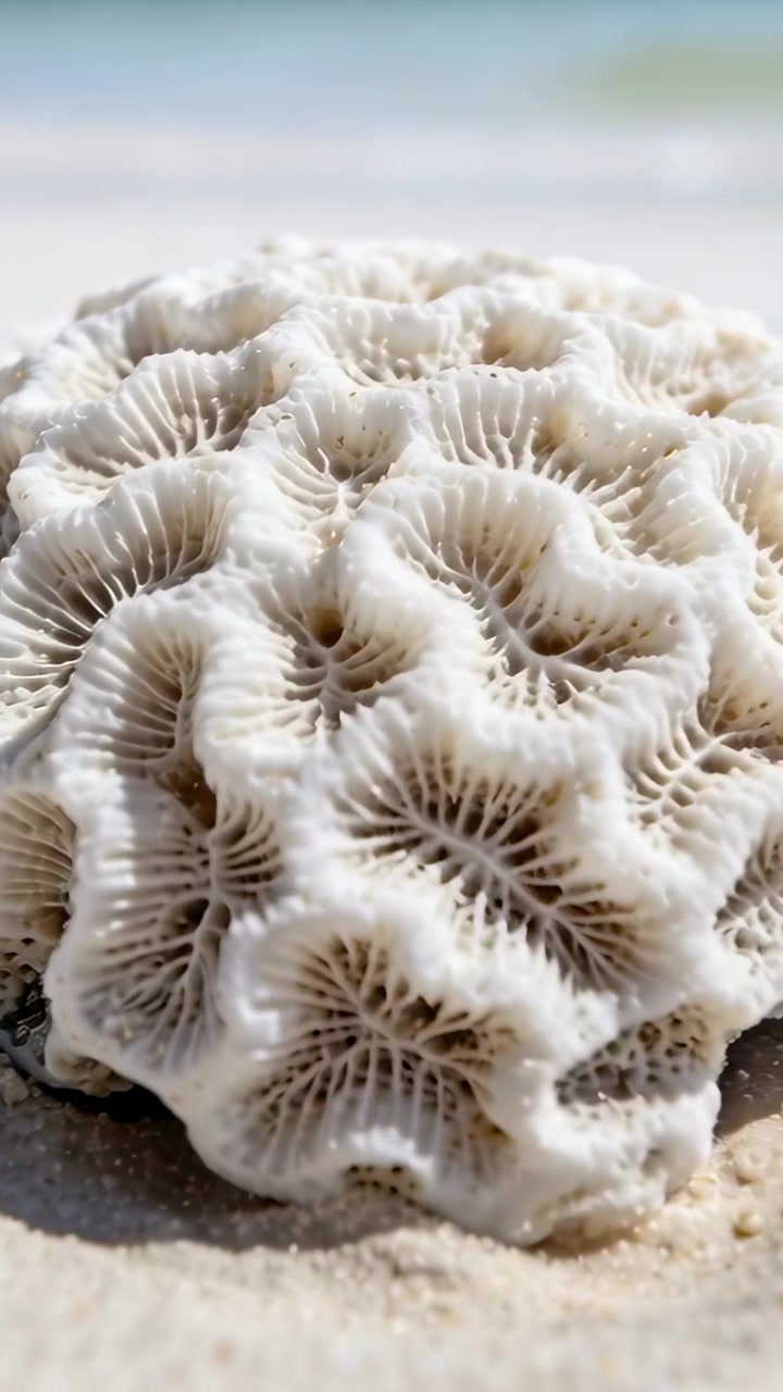 Vertical video: Starting pullback, camera revealing brain coral fragment on sand to show corallites