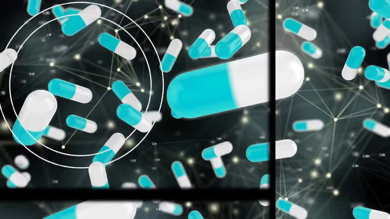 검은 바탕에 연결 네트워크를 통해 떨어지는 알약의 애니메이션