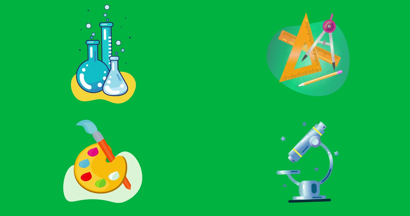 Animation of arts, geometry, chemistry beakers and biology microscope icons