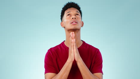 hands, talking or man in studio praying for hope