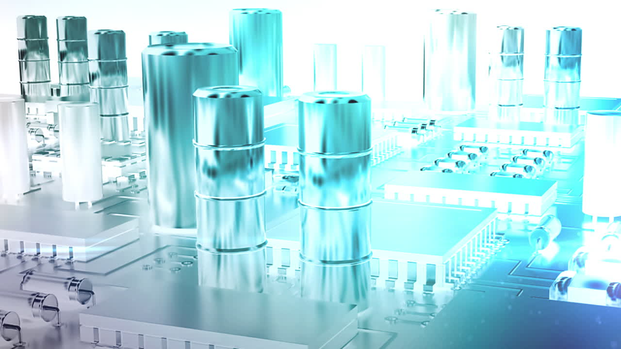 ⁇ 색 배경 위에 빛나는 파란색 컴퓨터 회로판 요소의 애니메이션