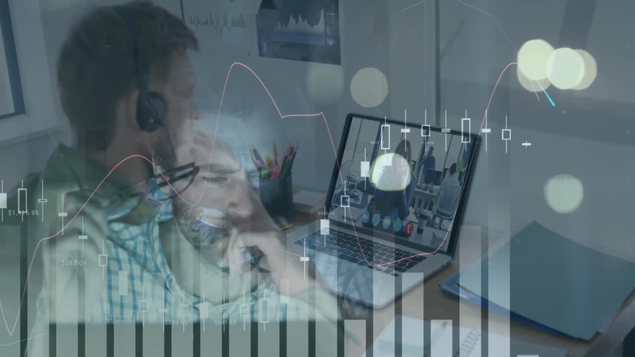 Animation of statistics processing over two men using computer and laptop on video call