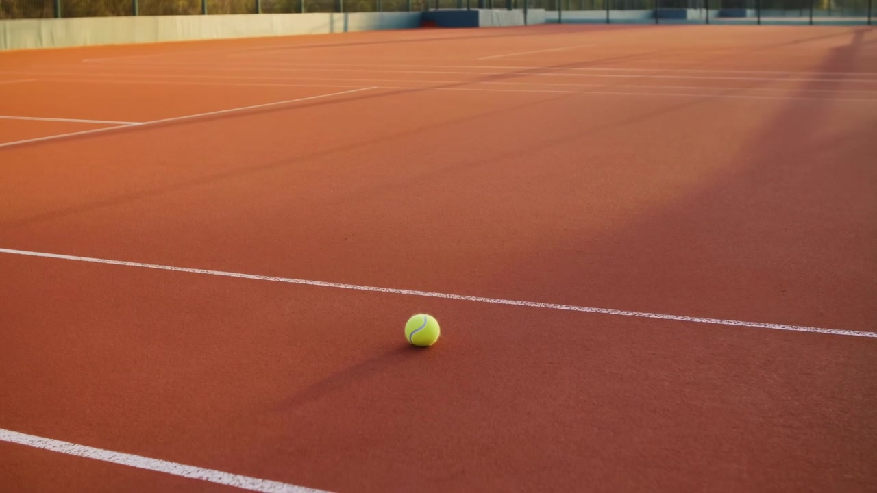 Single bright yellow tennis ball sitting near baseline on empty outdoor red clay tennis court, with warm sunlight, strong contrast, clean geometry, and quiet ready-for-play atmosphere