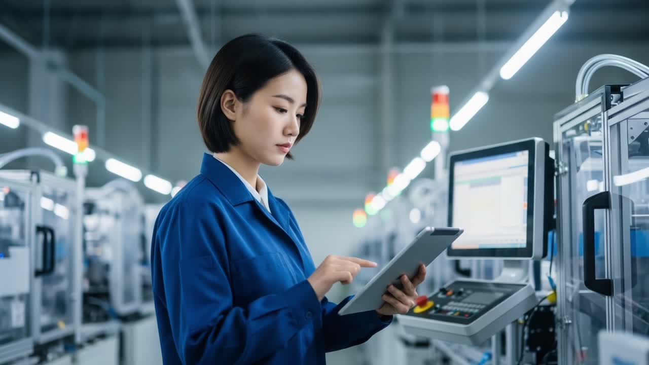 A focused professional in a modern manufacturing facility interacts with advanced technology, analyzing data on a tablet while overseeing automated machinery operations