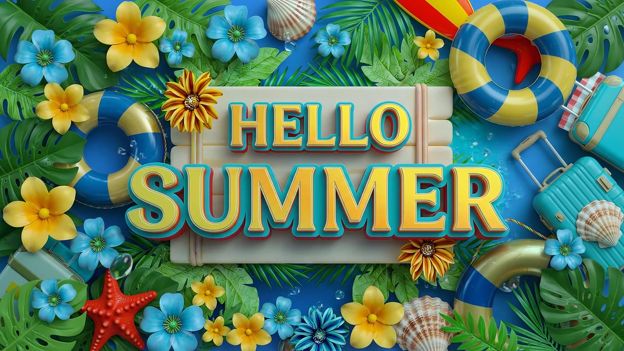 Hello Summer Beach Lifestyle Animation with Tropical Decorations on Blue Background