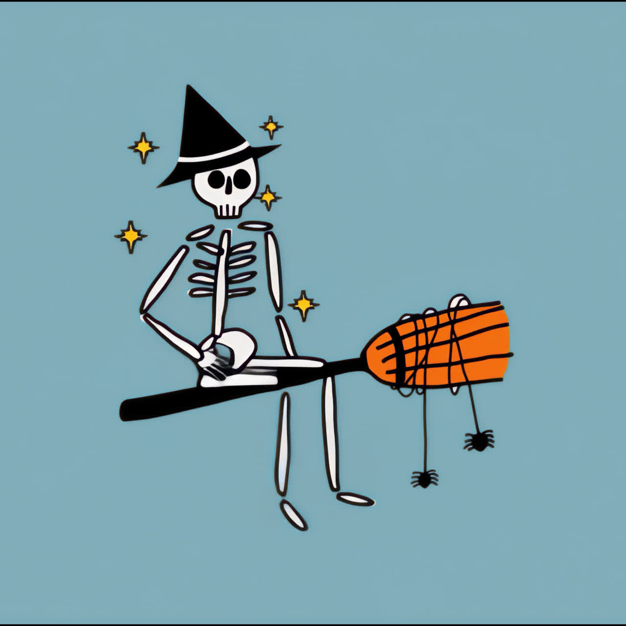 Whimsical skeleton on broomstick animation isolated asset, transparent 4K video, alpha channel