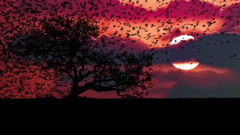 swarm of birds flying past silhouetted tree with vibrant twilight sky with a big sun