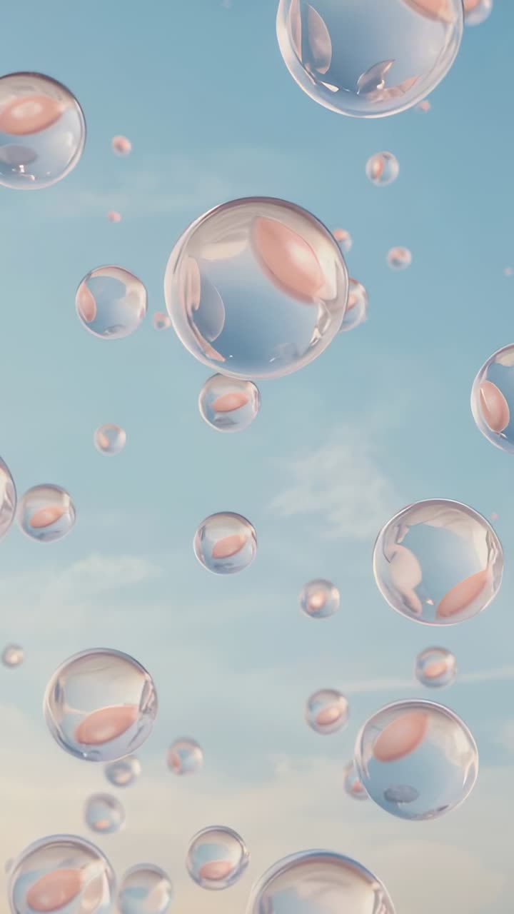 Video verticale: Sfere trasparenti con petali rosa che fluttuano mosse dalla brezza in un cielo pallido.