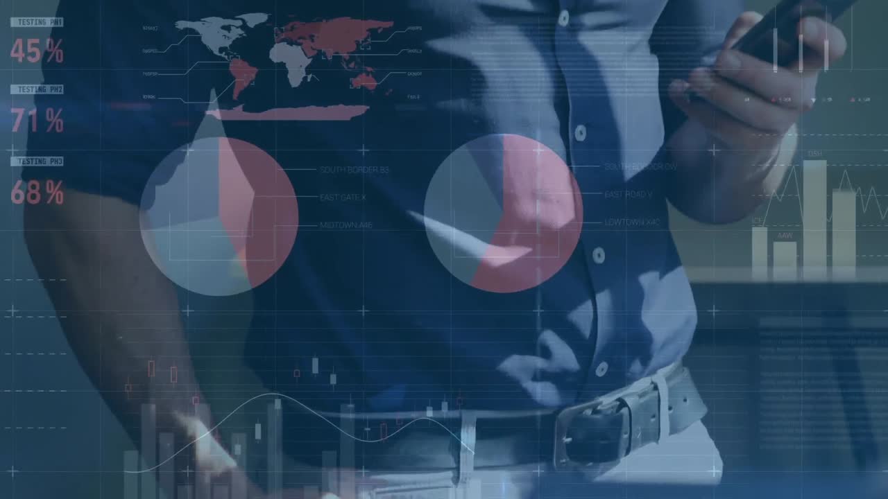 animación del procesamiento de datos estadísticos contra la sección media de un hombre que usa un teléfono inteligente en la oficina