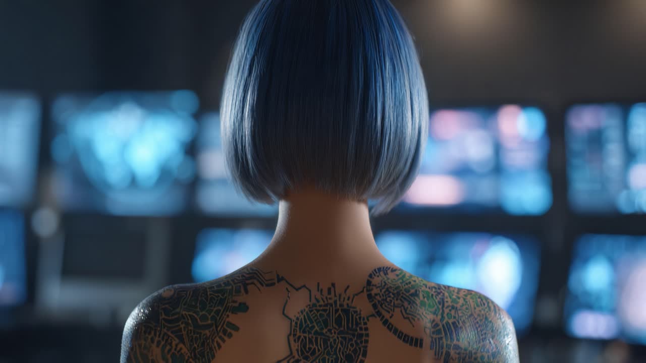 Uma figura misteriosa com tatuagens complexas está em frente a vários monitores, combinando estética futurista com temas de vigilância digital