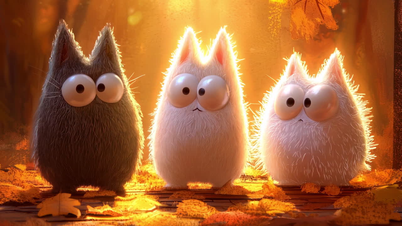Cute fluffy creatures in autumn forest light