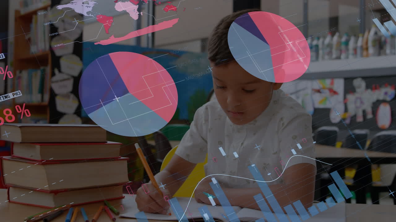niño de escuela trabajando con la transición de gráfico de finanzas