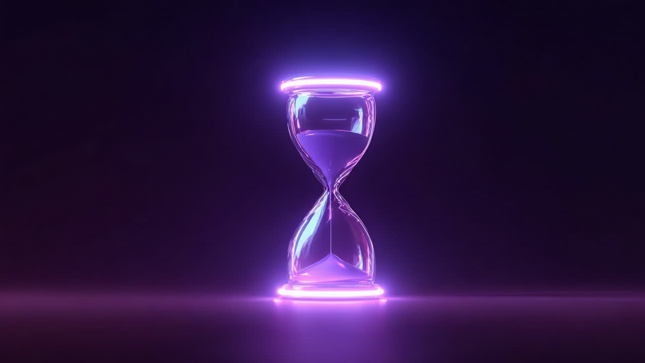 Futuristic hourglass with glowing purple neon rings and flowing sand particles against a dark background, symbolizing countdown, urgency, time management and passing moments