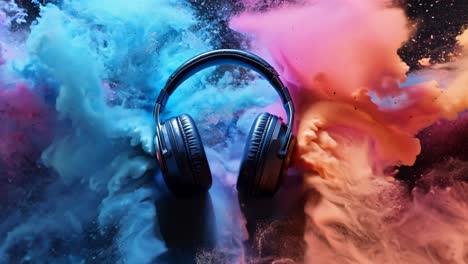 a pair of headphones is in the middle of a colorful explosion of smoke. the headphones are blue and orange, and they seem to be the center of attention in the image. the explosion of smoke