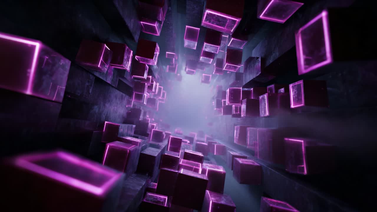 Exploring a Futuristic Digital Environment Through a Tunnel of Glowing Pink Blocks and Shadowy Walls, Creating a Mysterious and Dynamic Visual Experience with Depth and Movement