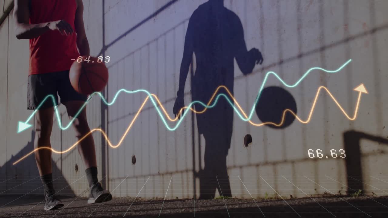 Animation of graphs, changing numbers over midsection biracial man playing with basketball