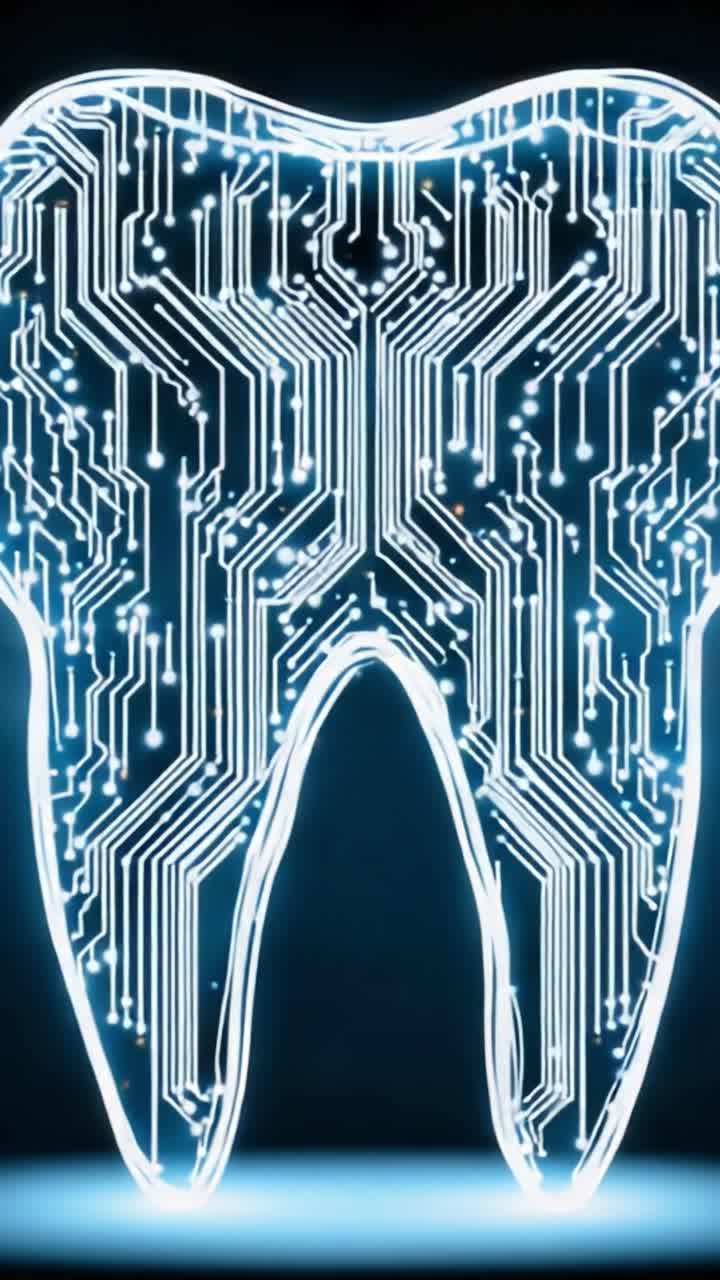 Design de Dente Digital Futurista Apresentando Circuitos Avançados e Padrões Iluminados, Fundindo a Ciência Odontológica com a Estética de Alta Tecnologia.