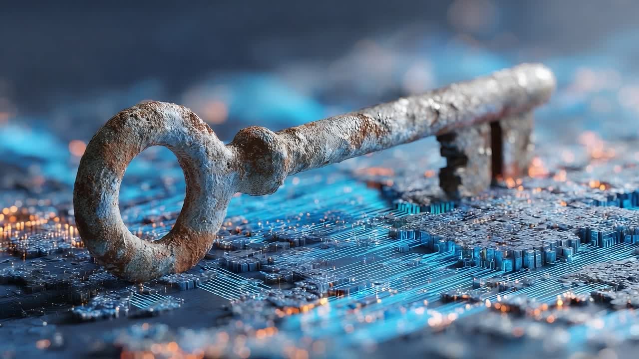An Intriguing Exploration of a Rusty Key Resting atop a Glimmering Circuit Board, Representing the Intersection of Traditional Security and Modern Technology