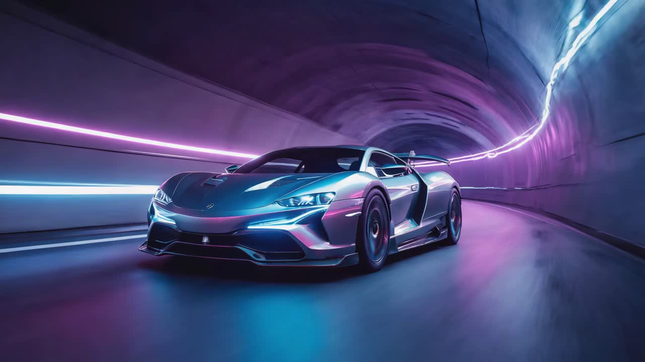 Futuristic Sports Car in a Neon-Lit Tunnel