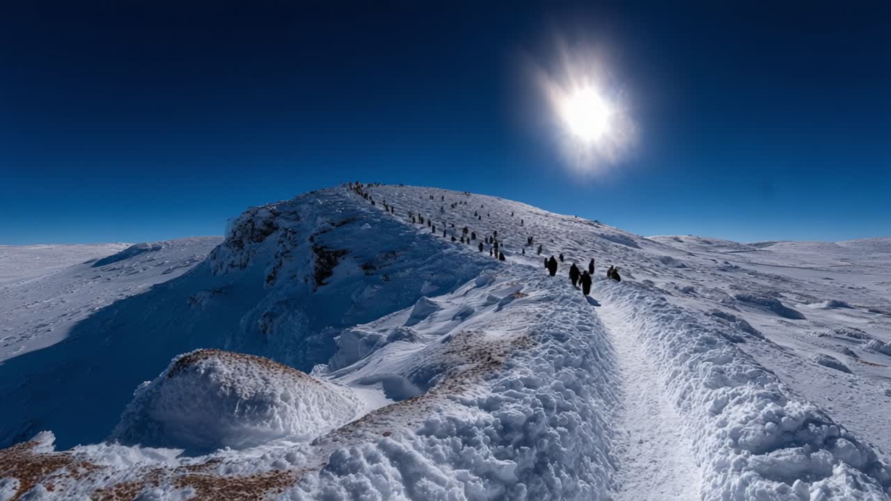 A breathtaking view of a snowy mountain trail, where a group of hikers traverse a pristine landscape under the bright sun, showcasing the beauty of nature and adventure