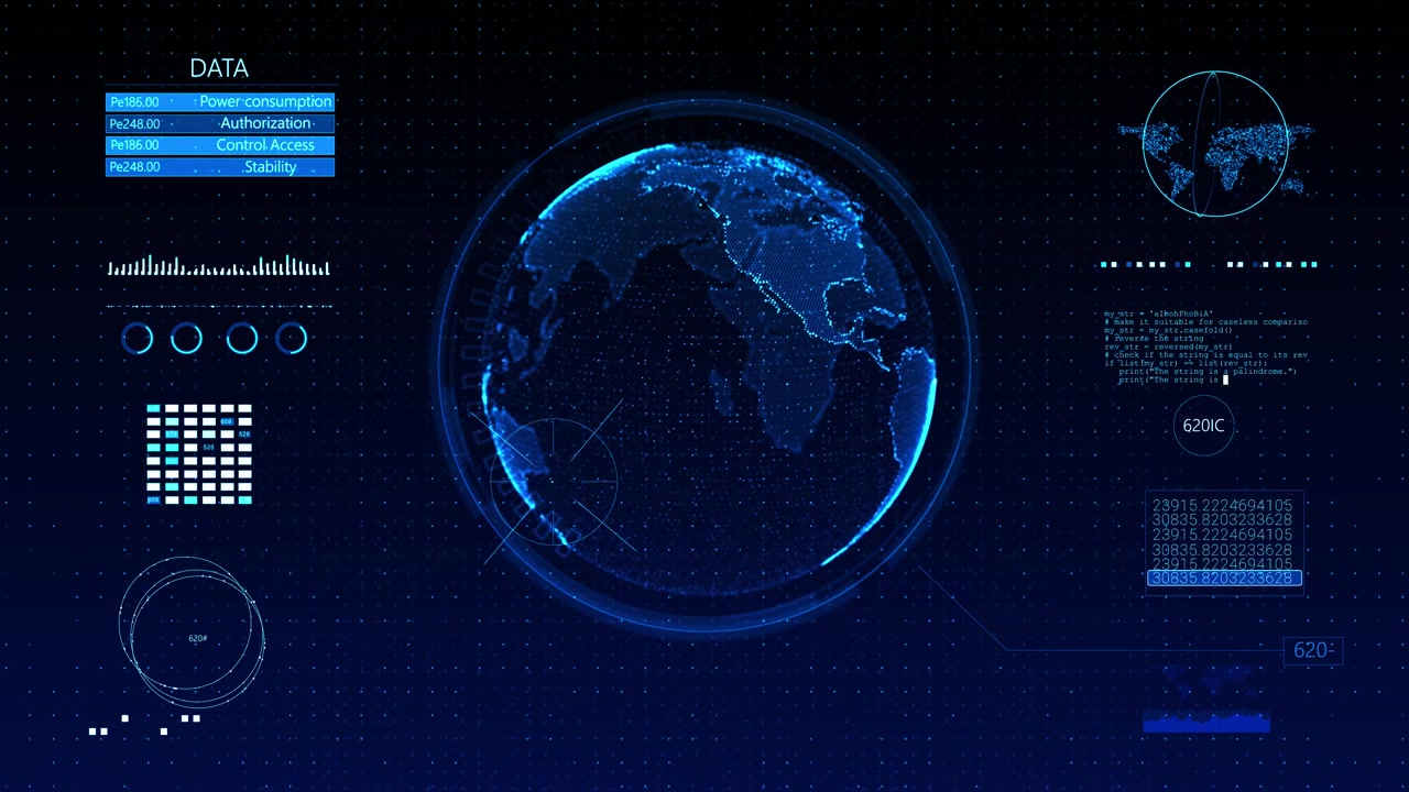 Digital earth analytics interface visual with glowing blue globe dashboard panels charts code text