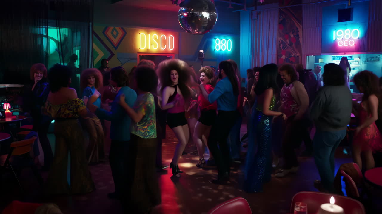 People dancing at a retro 80s disco party