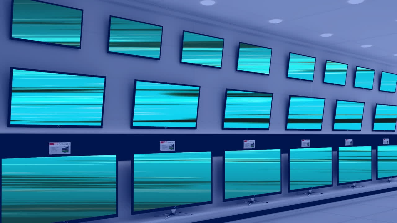 animación de filas de aparatos de televisión en la tienda con pantallas brillantes con espacio de copia