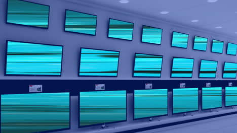 animation of rows of television sets in store with glowing screens with copy space