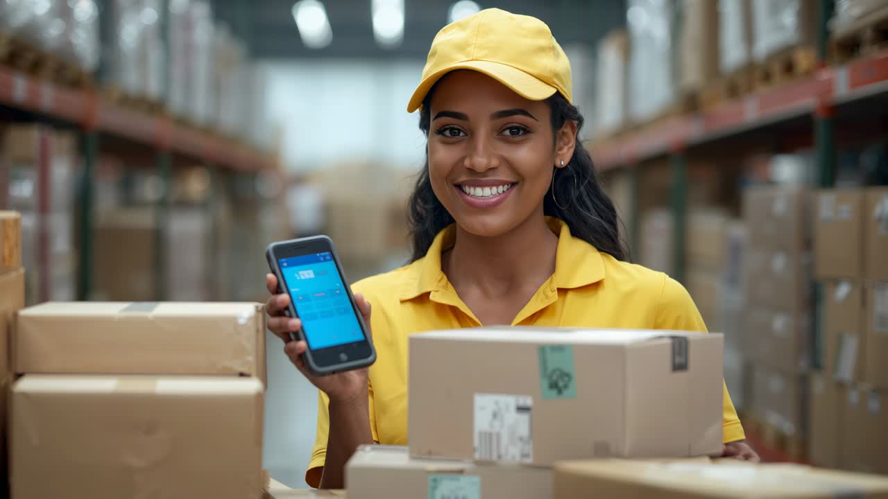 Camera zooming in smiling logistics worker raising phone to show app among boxes in warehouse aisle