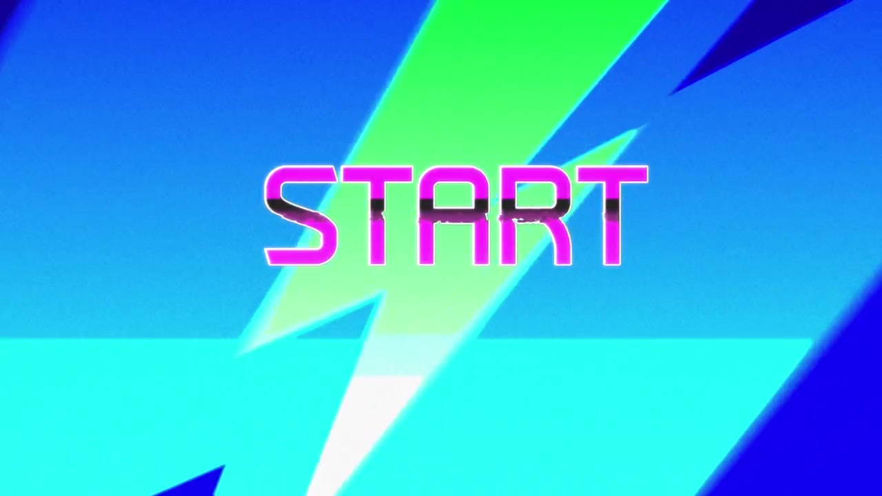 Animation of start text over colorful lightning on black background